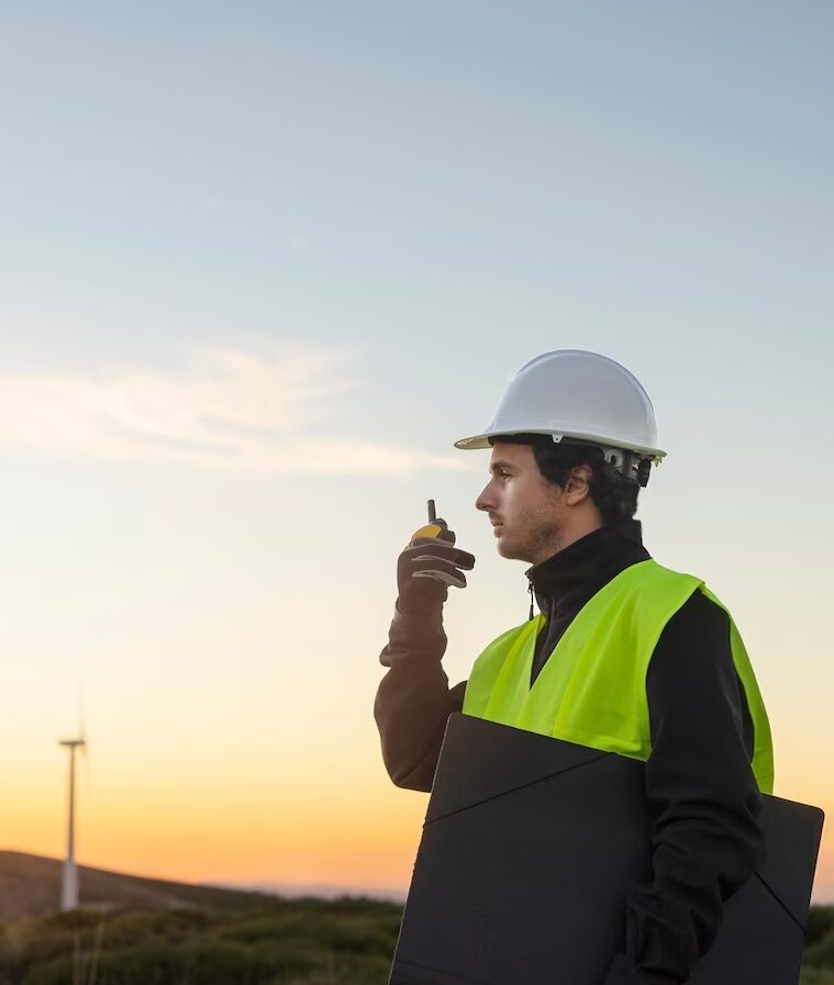 trabajador de parque eolico con radio