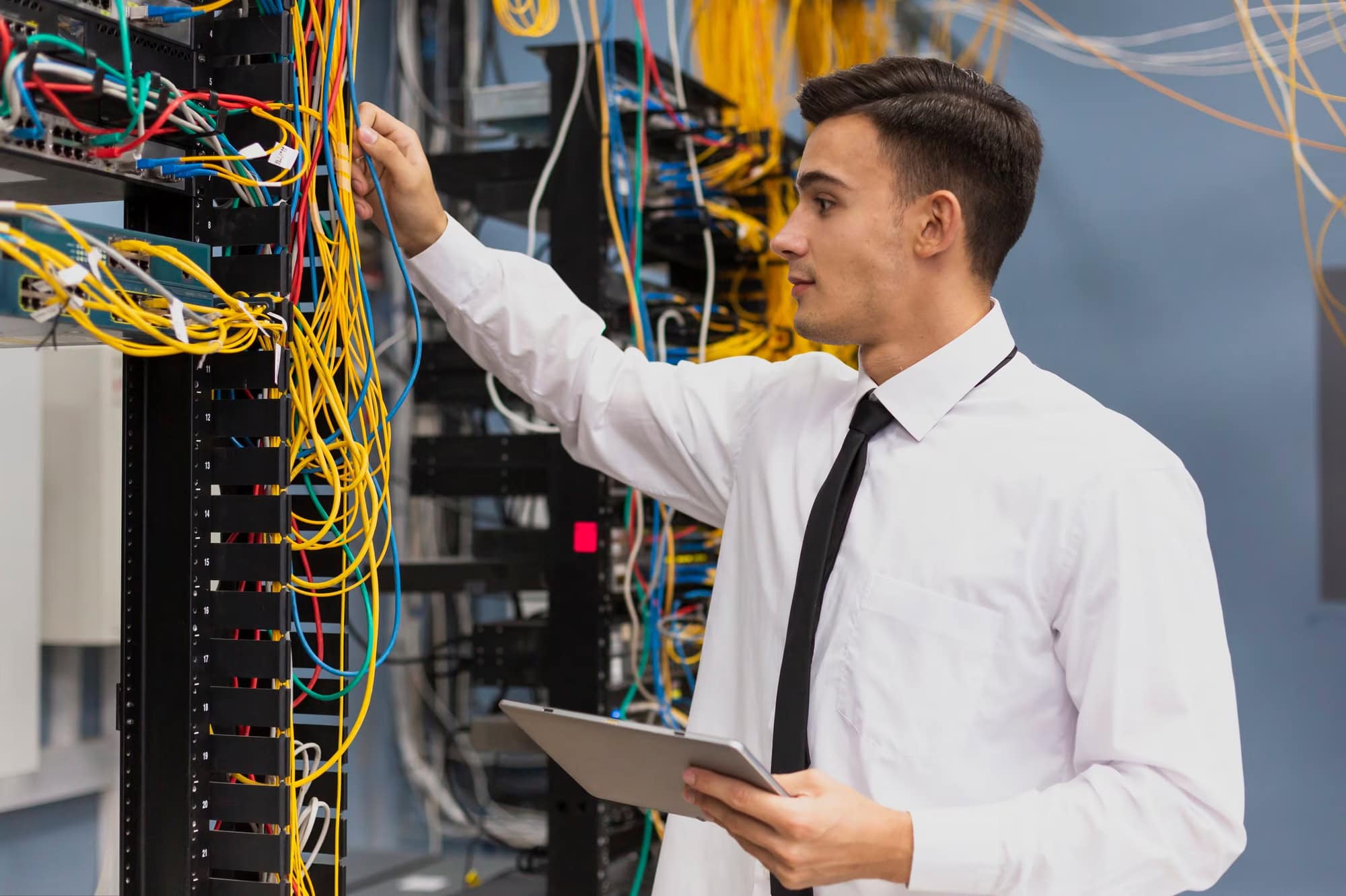 hombre revisando cableado en noc